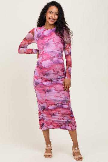 Fuchsia Floral Mesh Overlay Ruched Maternity Midi Dress