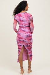 Fuchsia Floral Mesh Overlay Ruched Maternity Midi Dress