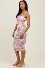 Mauve Floral Ruched Fitted Midi Dress
