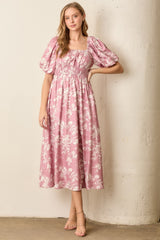 Pink Floral Puff Sleeve Smocked Waist Maternity Midi Dress