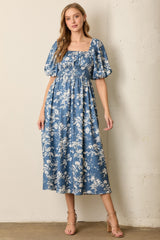 Light Navy Floral Puff Sleeve Smocked Waist Midi Dress