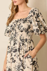 Cream Floral Puff Sleeve Smocked Waist Midi Dress