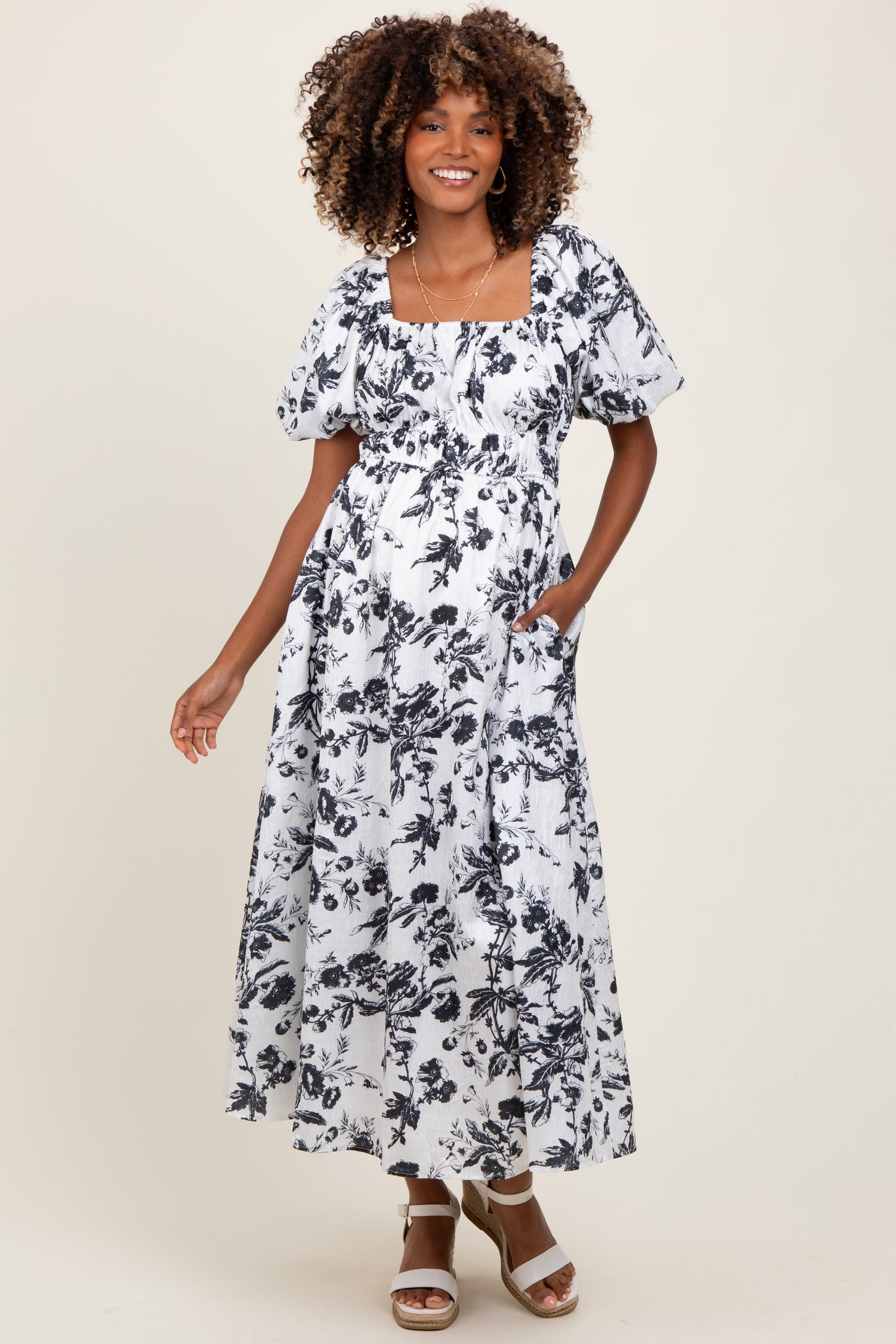 Cream Floral Puff Sleeve Smocked Waist Maternity Midi Dress