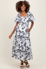 Cream Floral Puff Sleeve Smocked Waist Maternity Midi Dress