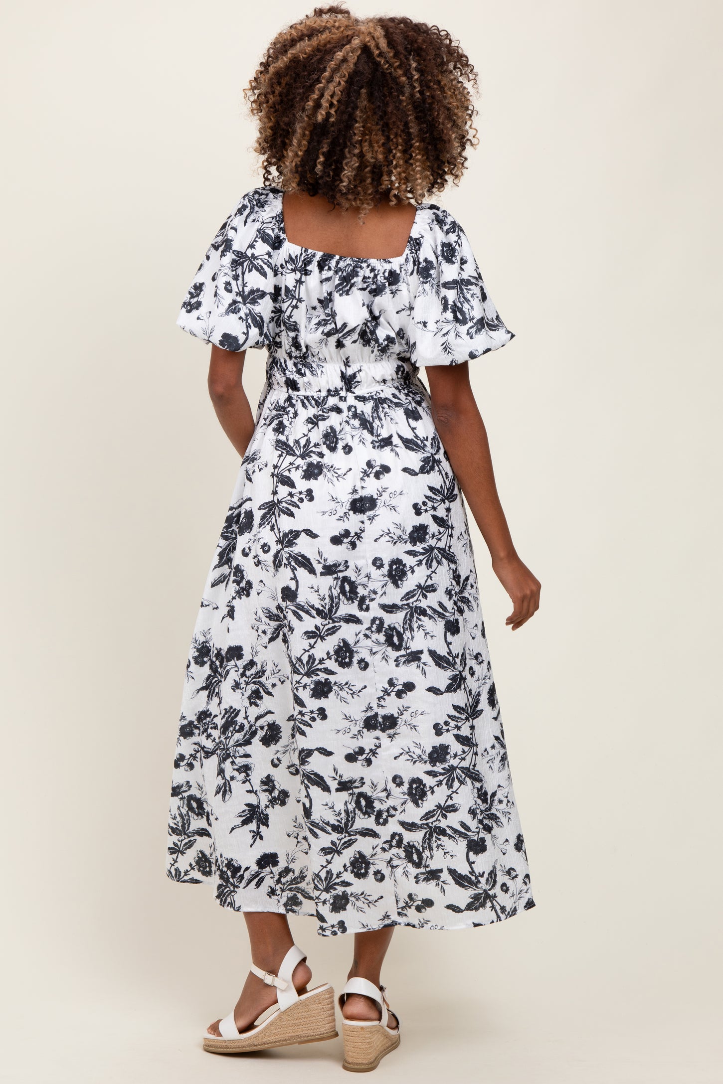 Cream Floral Puff Sleeve Smocked Waist Maternity Midi Dress