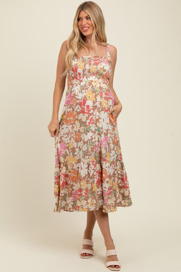 Mocha Floral Smocked Sleeveless Maternity Midi Dress