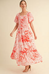 Coral Floral Print Smocked Bodice Maxi Dress