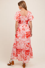 Coral Floral Print Smocked Bodice Maternity Maxi Dress
