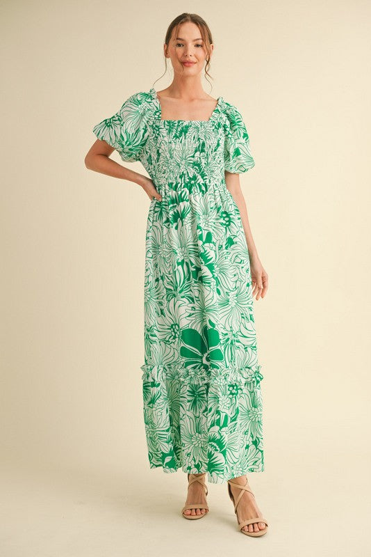 Green Floral Print Smocked Bodice Maxi Dress