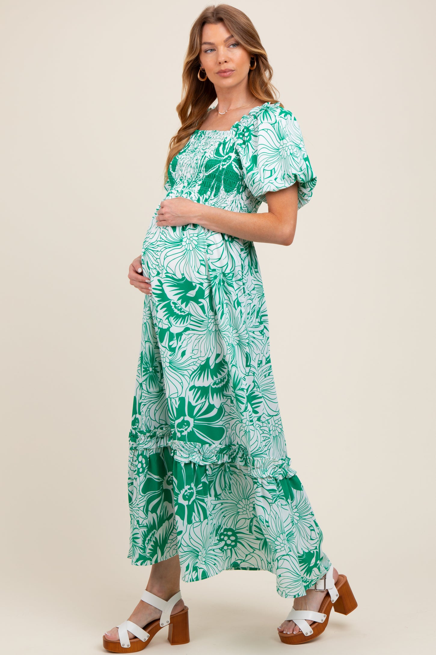 Green Floral Print Smocked Bodice Maternity Maxi Dress