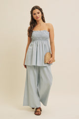 Light Blue Linen Ruched Strapless Tube Tunic Top