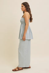Light Blue Linen Ruched Strapless Tube Tunic Top