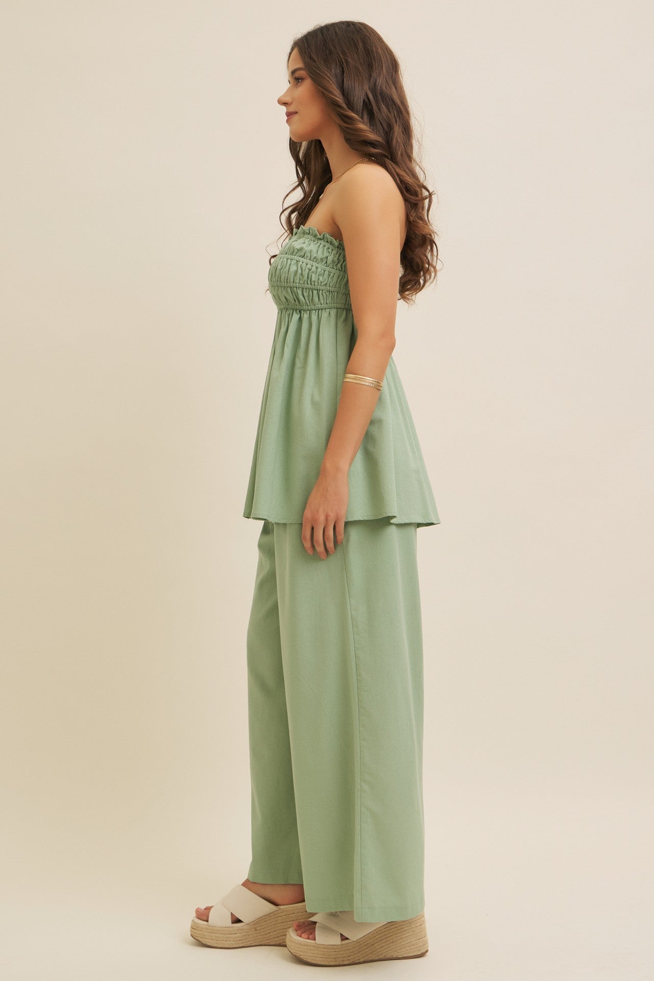Light Olive Linen Ruched Strapless Tube Tunic Top