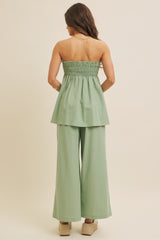Light Olive Linen Ruched Strapless Tube Tunic Top