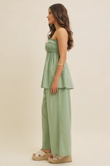 Light Olive Linen Ruched Strapless Tube Tunic Top