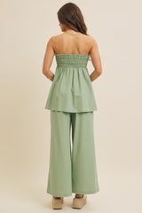 Light Olive Linen Ruched Strapless Tube Tunic Top