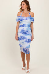 Blue Floral Mesh Off Shoulder Halter Midi Dress