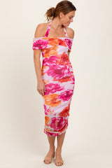 Fuchsia Floral Mesh Off Shoulder Halter Midi Dress