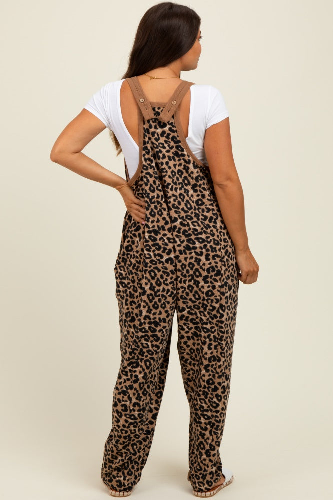 Brown Animal Print Waffle Knit Oversized Maternity Jumpsuit