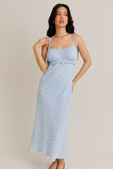 Light Blue Cherry Print Shoulder Tie Midi Dress