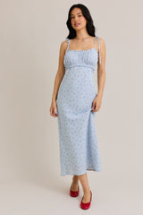 Light Blue Cherry Print Shoulder Tie Maternity Midi Dress