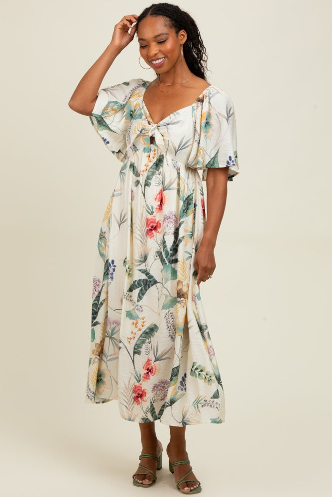 Cream Tropical Print Front Tie Flutter Sleeve Midi Dress