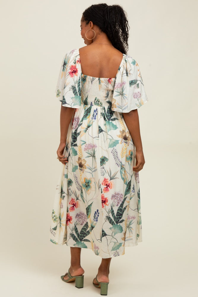Cream Tropical Print Front Tie Flutter Sleeve Midi Dress