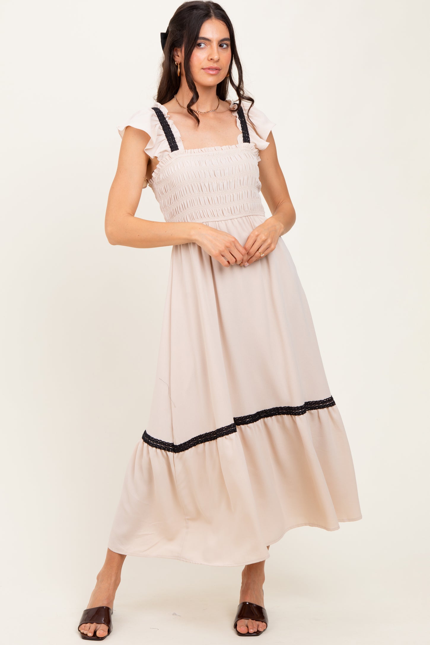 Beige  Smocked Lace Detail Maternity Midi Dress