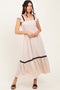 Beige Smocked Lace Detail Midi Dress