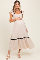 Beige  Smocked Lace Detail Maternity Midi Dress