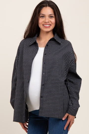 Black Oversized Grid Plaid Maternity Button Down Shirt