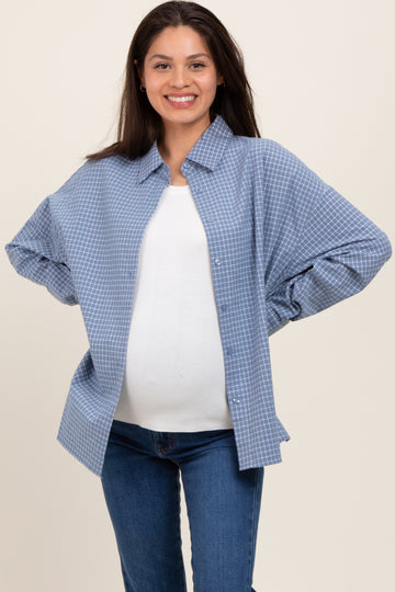 Blue Checker Plaid Button Down Maternity Shirt