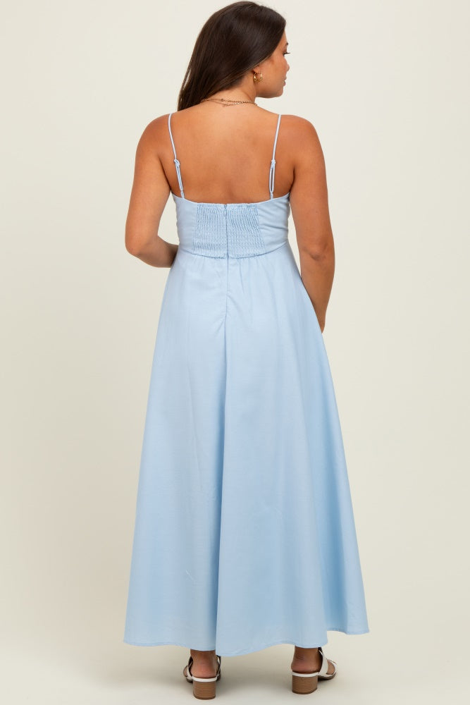 Light Blue Linen A-Line Flared Maternity Midi Dress