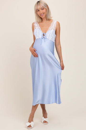 Light Blue Satin Lace Side Slit Maternity Slip Dress