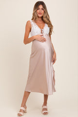 Beige Satin Lace Side Slit Maternity Slip Dress