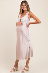 Beige Satin Lace Side Slit Maternity Slip Dress
