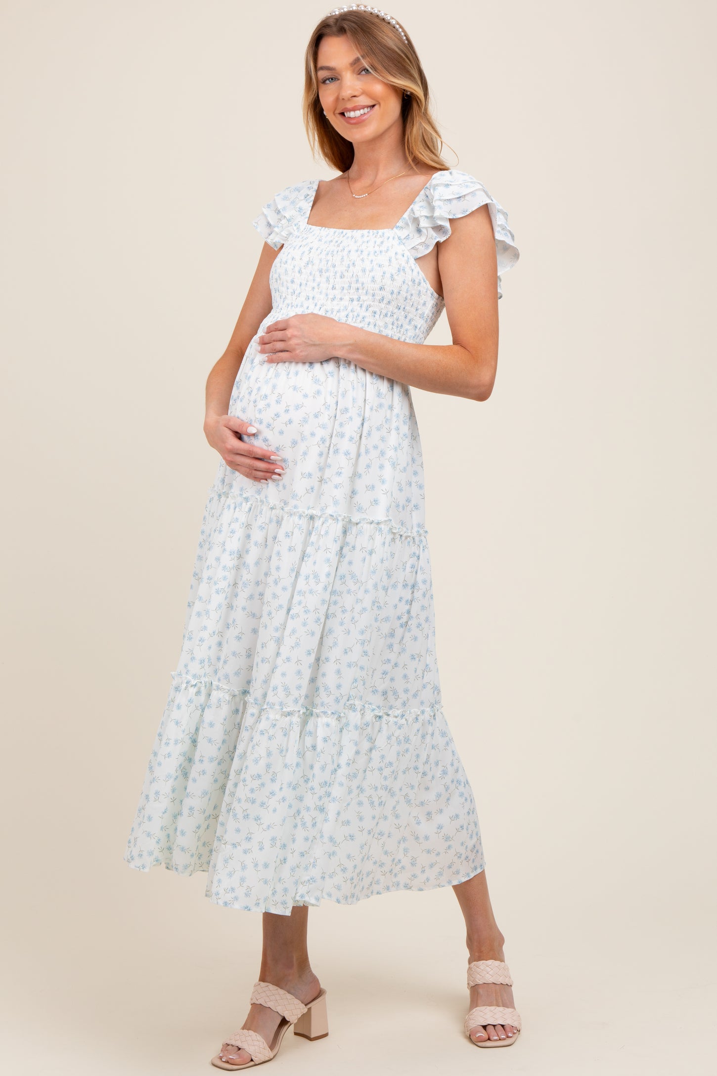 Light Blue Elegant Chiffon Floral Smocked Maternity Midi Dress