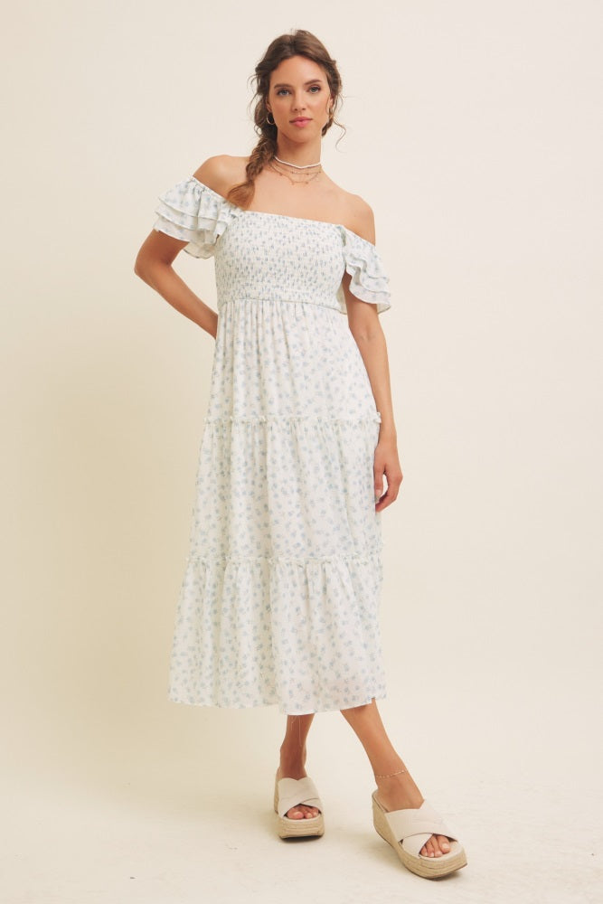 Light Blue Elegant Chiffon Floral Smocked Midi Dress