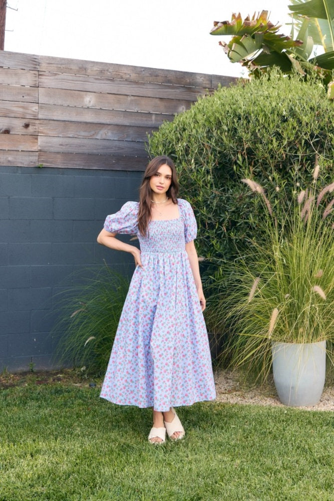 Light Blue Cotton Poplin Floral Smocked Midi Dress