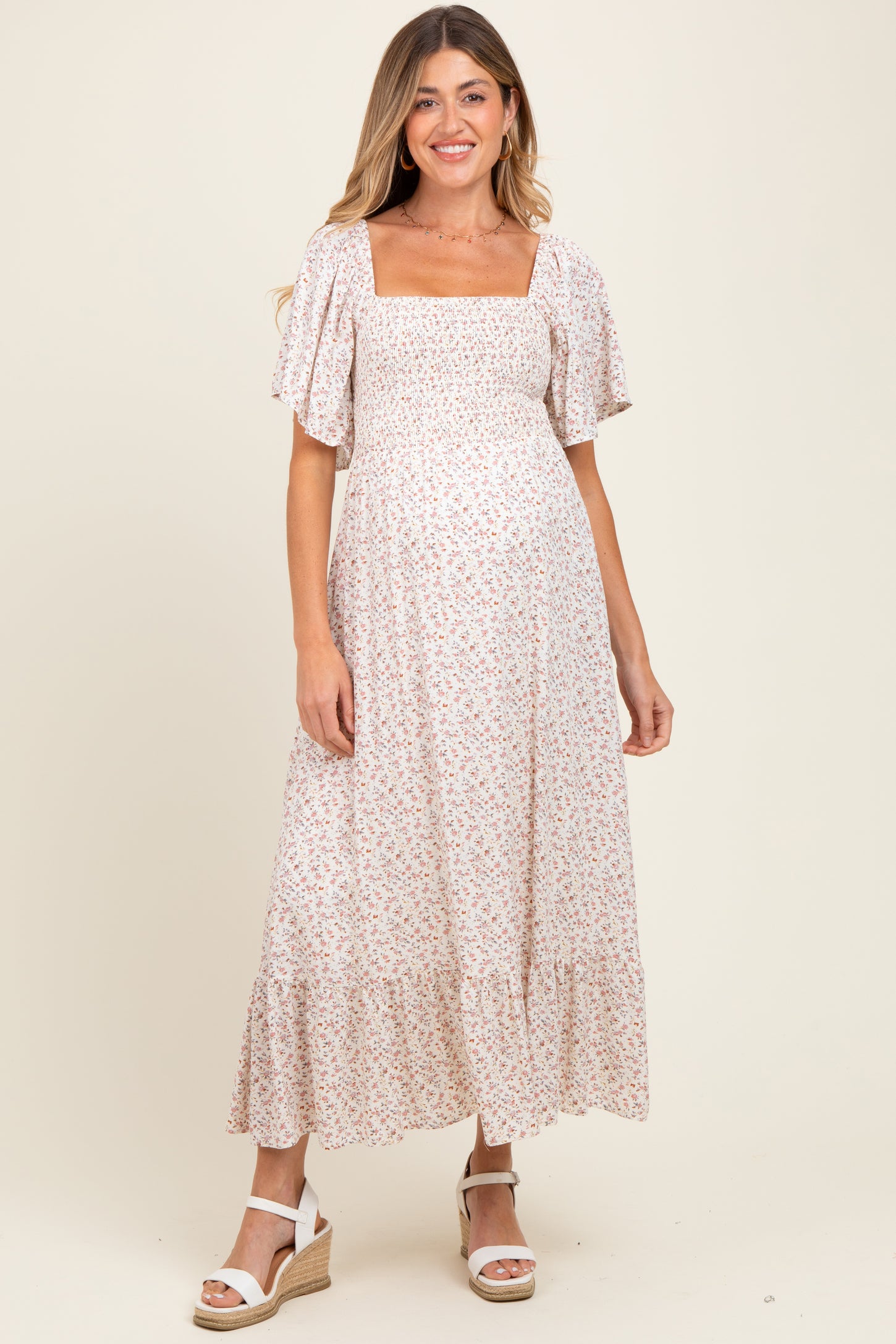 Cream Multi Ditsy Floral Smocked Maternity Midi Dress