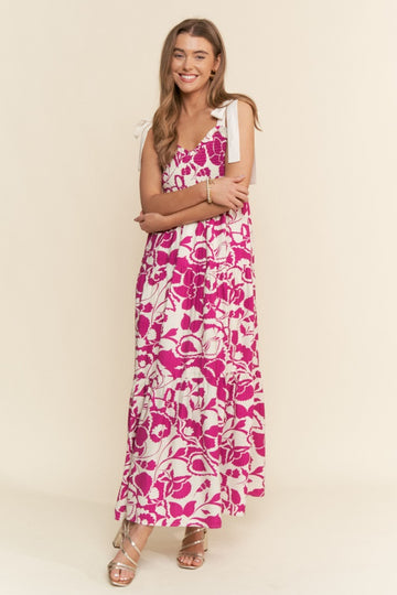 Fuchsia Bloom Floral Print Smocked Maxi Dress