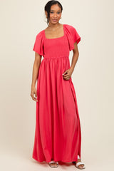 Coral Chambray Smocked Maternity Maxi Dress