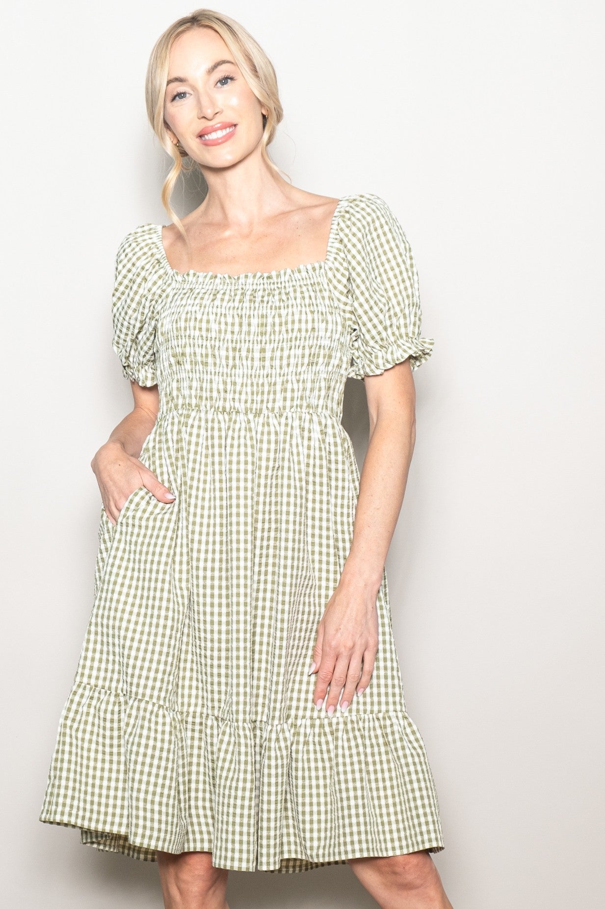 Light Olive Gingham Smocked Puff Sleeve Maternity Dress