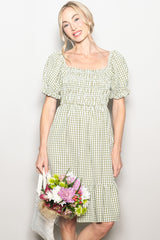 Light Olive Gingham Smocked Puff Sleeve Dress