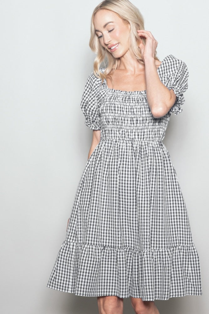 Black Gingham Smocked Puff Sleeve Dress