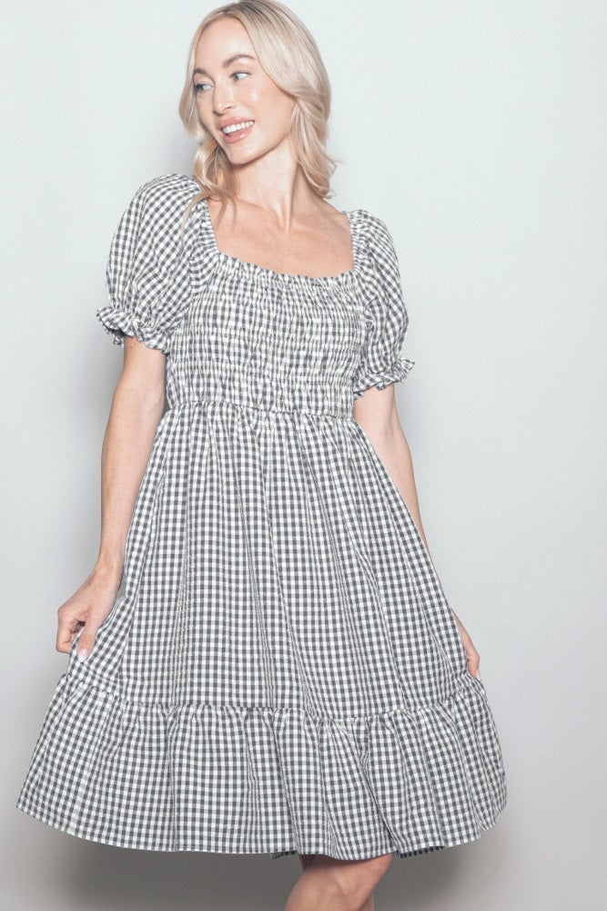 Black Gingham Smocked Puff Sleeve Dress