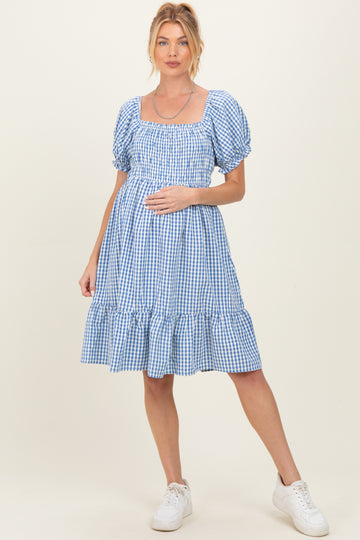 Blue Gingham Smocked Puff Sleeve Maternity Dress