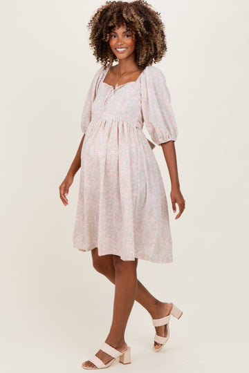 Light Olive Floral Front Tie Maternity Dress