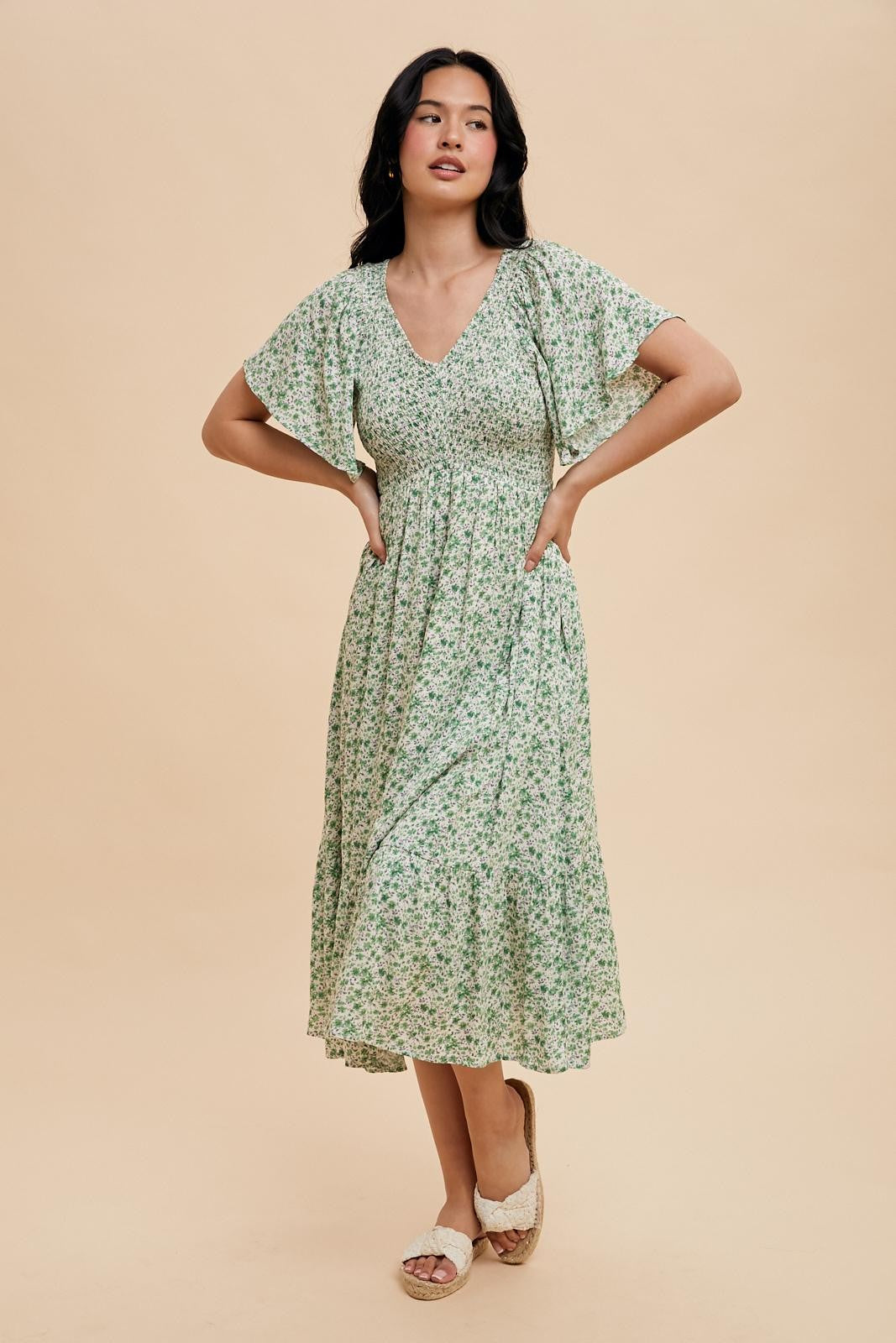 Green Floral Smocked Flutter Sleeve Midi Dress