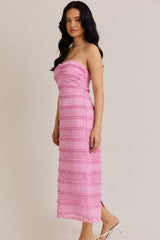 Pink Lace Ruffle Tiered Strapless Midi Dress